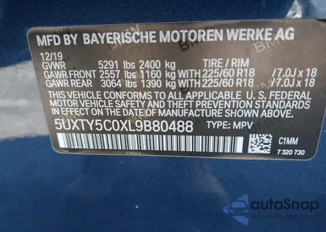 2020 BMW X3 xDrive30I z USA, uszkodzony, nr VIN 5UXTY5C0XL9B80488